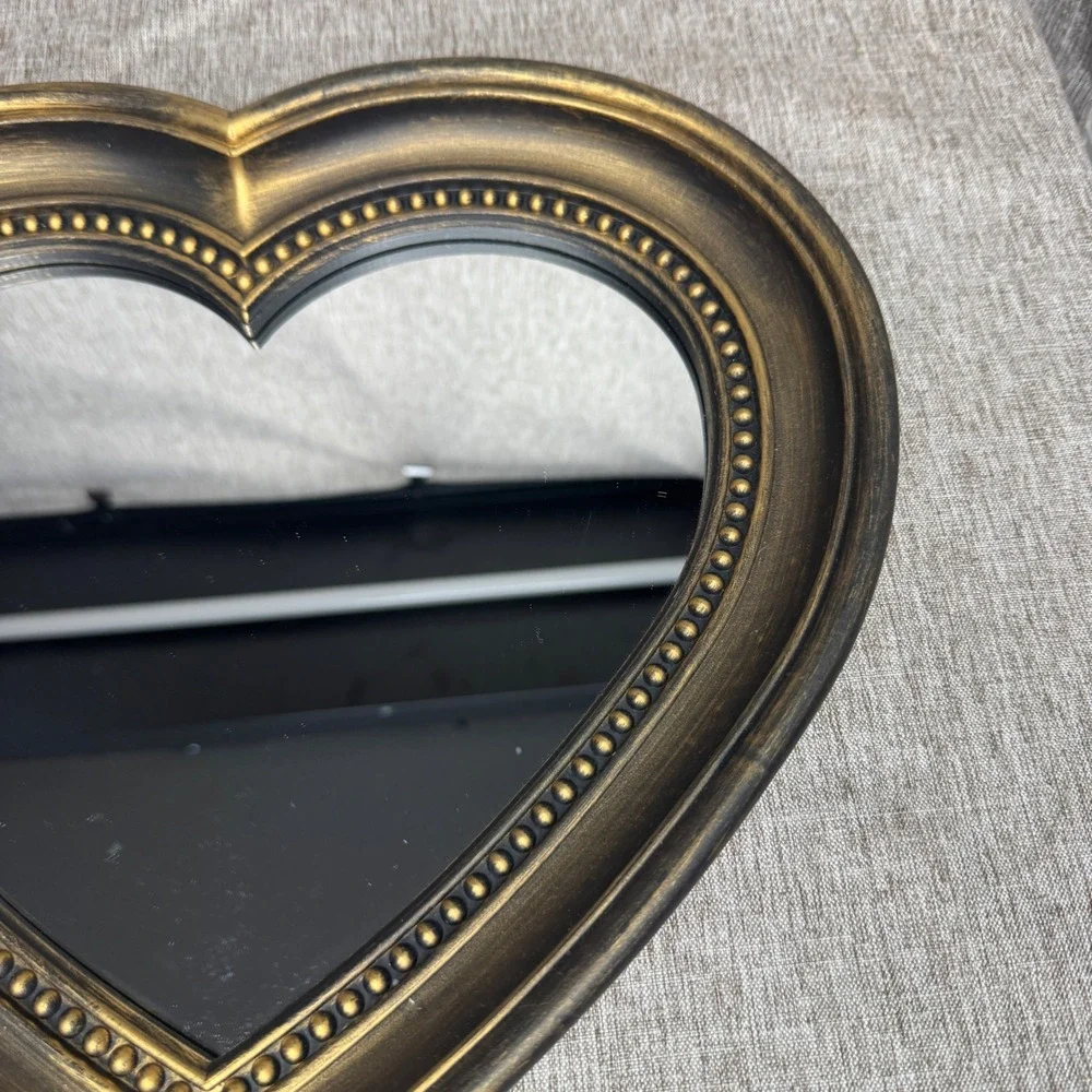 Vintage Style Heart Shaped Wall Mirror Antique Gold Beaded Frame 12 Inch
